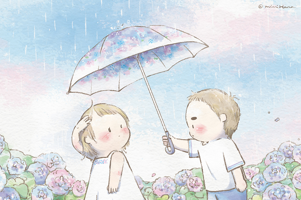 繡球花季，男孩幫女孩撐傘